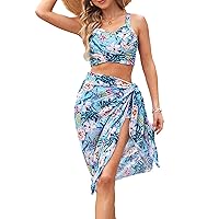 GRACE KARIN Women's Bathing Suit 3 Piece Bikini Sets High Waist Swimwear Sexy Printed Ruched Swimsuit with Cover Ups
