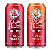 Caffeine Cherry Vanilla and Strawberry Citrus Sparkling Water with Caffeine, Zero Sugar (Pack of 12, 16 fl oz cans)