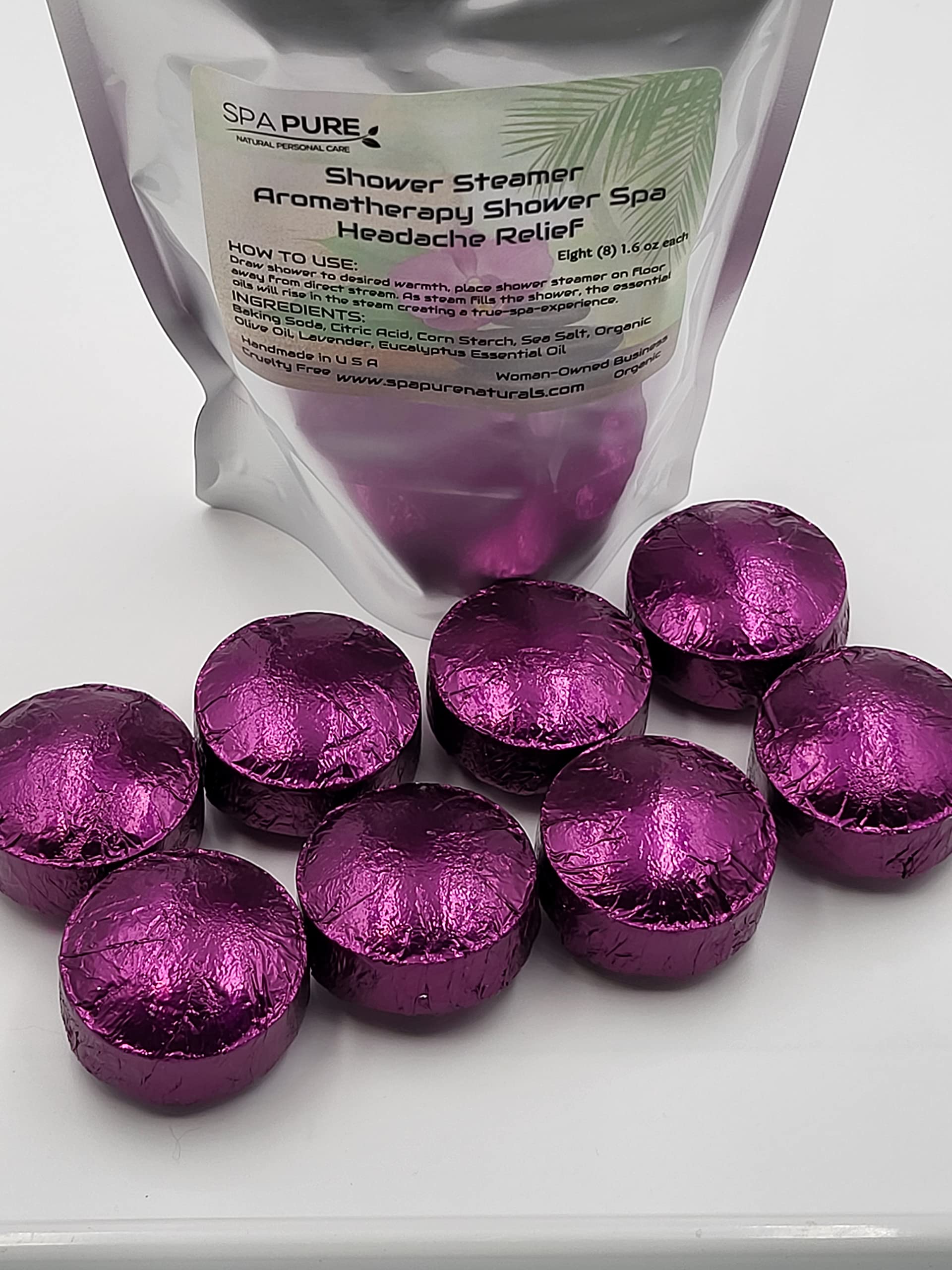 Spa Pure Headache Relief Aromatherapy: Shower Bombs USA Made with 100% Natural/Organic Essential Oils - Lavender, Eucalyptus - Transform Your Shower (8 Count) Pack of 1