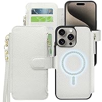 Harryshell Compatible with iPhone 15 Pro Max Case Wallet Support MagSafe Wireless Charging with 3 Card Slots Holder Cash Coin Zipper Pocket Pu Leather Flip Closure Lanyard Wrist Strap (White)