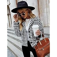 Coat for Women - Houndstooth Flap Pocket Drop Shoulder Overcoat (Color : Black and White, Size : Small)