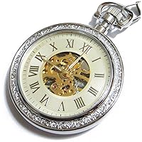 Ornate Carved Mechanical Pocket Watch - Steampunk Golden Skeleton - Vintage Retro Silver Open Face Fob Pocketwatch