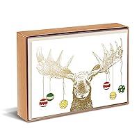 Graphique Moose Antlers Holiday Cards | Pack of 15 Cards with Envelopes | Christmas Greetings | Gold Foil and Embossing | Boxed Set | 4.75