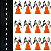 38 Pcs Set - 12 Traffic Cones With Hole on Top, 24 Checkered Flags, Racetrack Floor Runner - for For Race Car Birthday Party Supplies, Table Centerpiece Decorations Kids Gift by 4E's Novelty