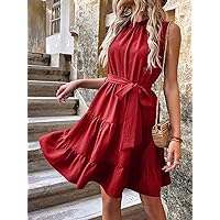 Women's Dress Dresses for Women Keyhole Back Ruffle Hem Belted Dress (Color : Red, Size : Large)