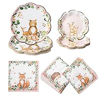 Kate Aspen Woodland Baby Paper Plates Napkins, 16pcs 7 inch & 16pcs 9 inch Heavy Duty Disposable Party Plates, 30pcs 6.5 inch Durable Paper Napkins for Birthday, Baby Shower Party- Pink