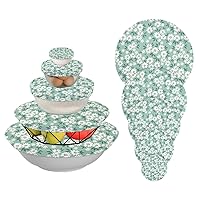 Vintage Green Floral 5 Pieces Reusable Bowl Covers Elastic Food Storage Cover Stretch Fabric for Bread Fruit Bowl Picnic