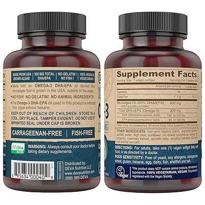 DEVA Vegan Omega-3 DHA EPA Supplement Once-Per-Day Softgel 300 MG - Carrageenan Gelatin & Gluten Free - Non-Fish Algae Oil Fatty Acids - 90 Softgels