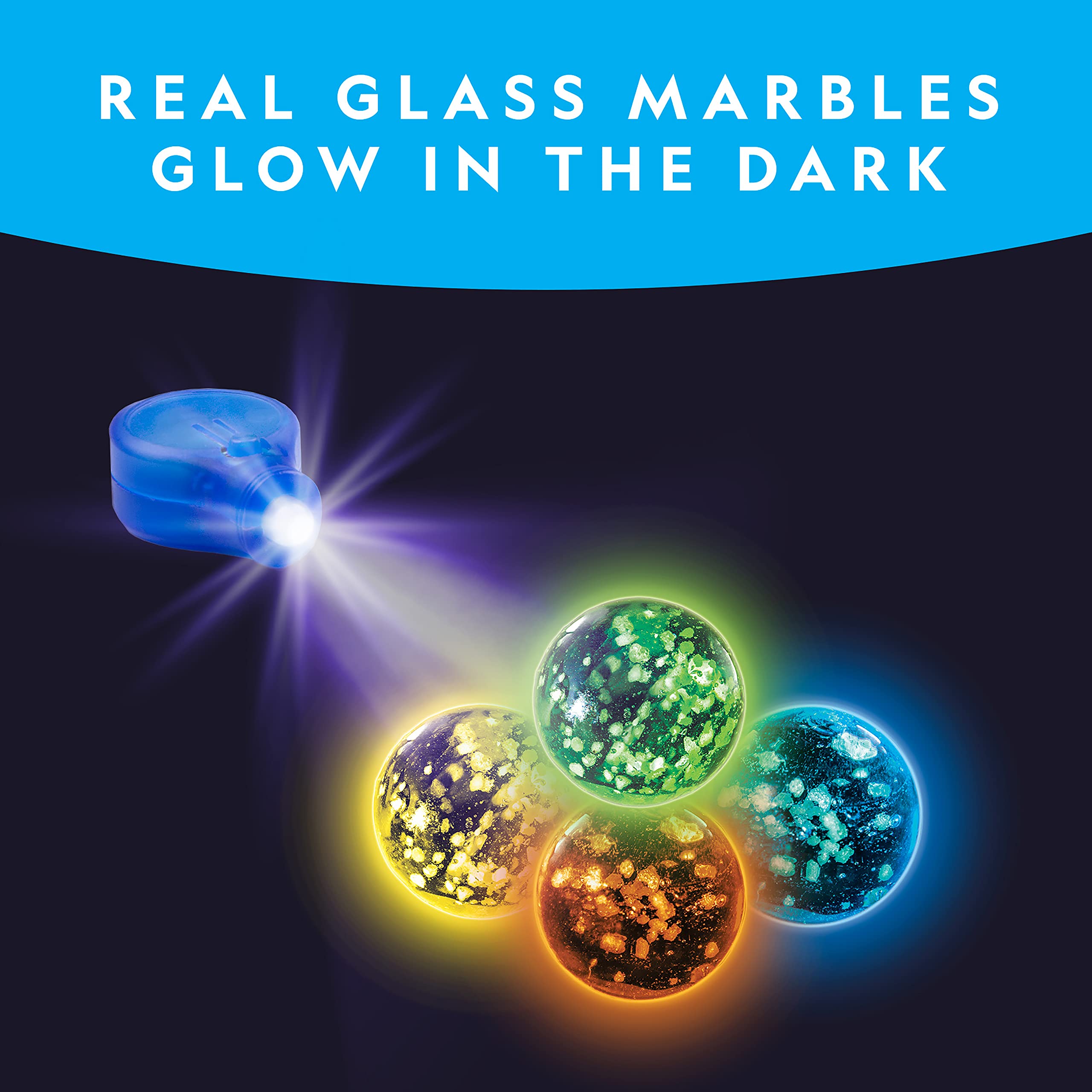 NATIONAL GEOGRAPHIC Glow in The Dark Marbles Refill – 25 Glass Marbles That Glow in The Dark, Includes Storage Pouch & UV Light, Marble Runs for Kids, Building Toys, Science Toys