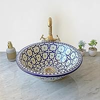 Hand Painted Moroccan Ceramic Bathroom Sink: ARTKISH Handmade Vanity Basin - Round Countertop Pottery Washbasin - Single Bowl Vessel Sink for Bath Decor with Brass Drain (18 inches, Orange)