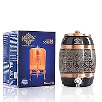 Indian Art Villa Pure Copper Water Dispenser Storage Water Tank with Tap and Lid with Black Printed Embossed Design, Water Pot, Copper Water Storage, 5 Ltr Capacity, 169 Oz