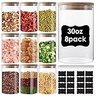 8 Pack Glass Food Storage Containers Jars with Airtight Bamboo Lid, 30oz Pantry Organization Jar for Spice, Tea, Flour & Sugar Container, Canister Set for Kitchen Counter, Glass Terrarium