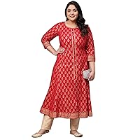 Indian Tunic Cotton Gold Print Anarkali Kurtis for Women (Red)