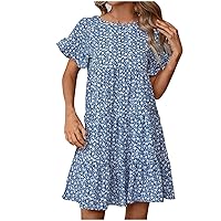 Summer Ruffle Babydoll T-Shirt Dress Women Boho Floral Casual Flowy Mini Dresses Short Sleeve Crewneck Tunic Dresses