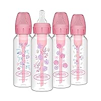 Dr. Brown's Natural Flow Anti-Colic Options+ Narrow Baby Bottle, Pink Floral, 8 oz/250 mL, with Level 1 Slow Flow Nipples, 0m+, 4 Bottles