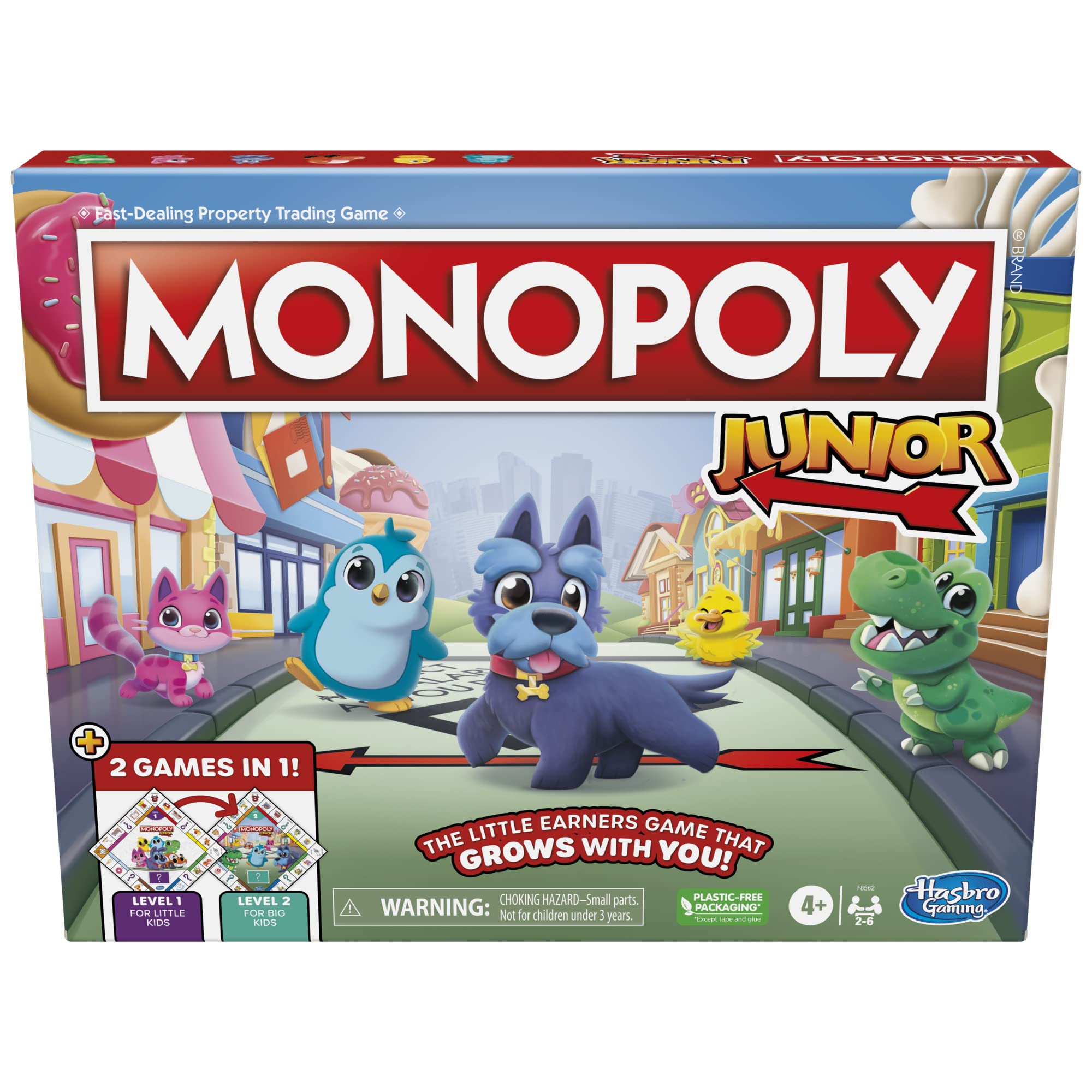 Hasbro Gaming Monopoly Junior Board Game, 2-Sided Gameboard, 2 Games in 1, Monopoly Game for Younger Kids Ages 4 and Up, Kids Games for 2 to 6 Players