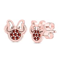 Mini Mouse Stud Earrings 925 Sterling Silver Plated 14k Pink Gold Plated Stud Earrings with Fashion Red Garnet Cubic Zirconia Studs for Girls and Women