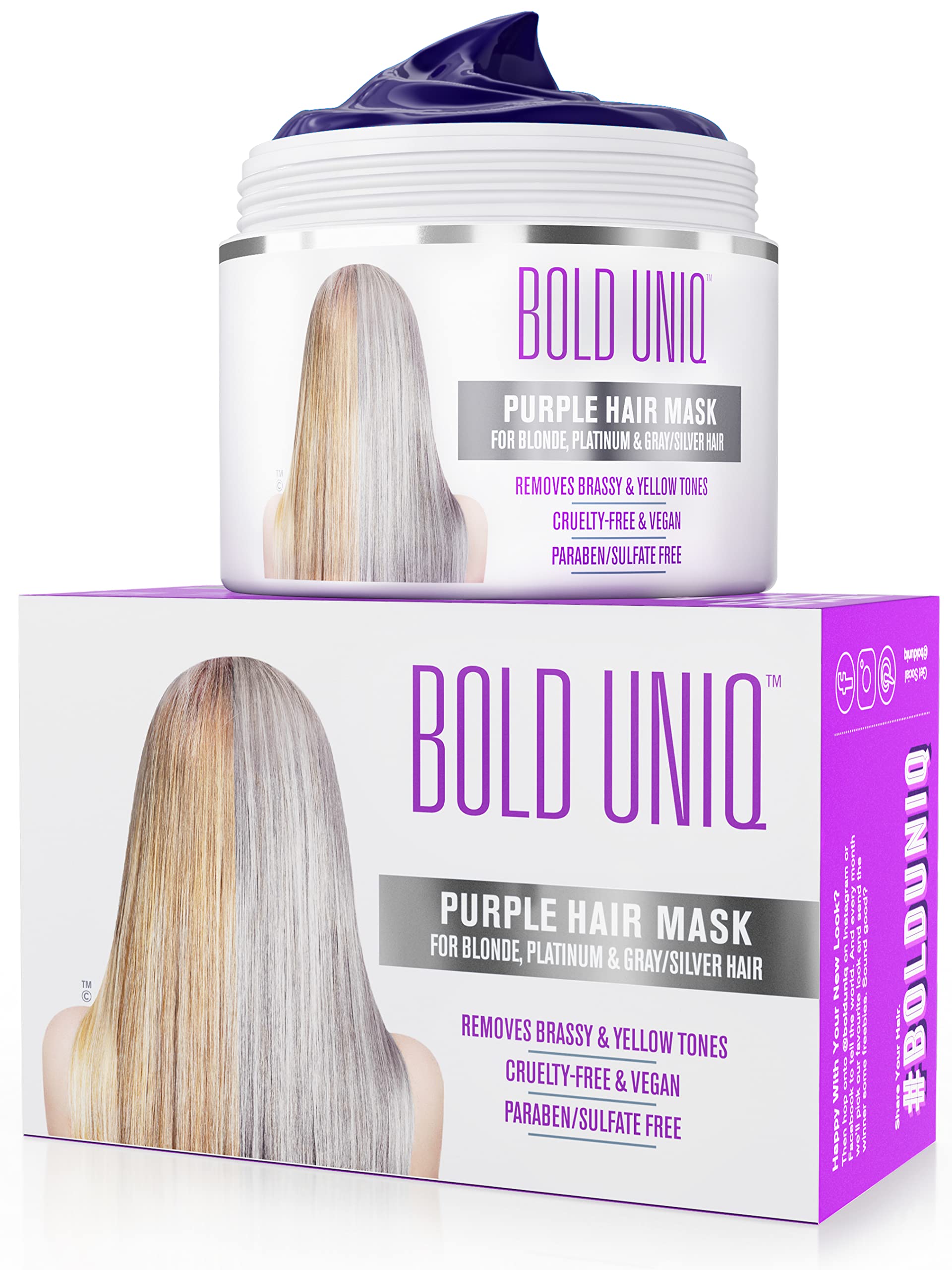 Bold Uniq Purple Hair Mask - For Blonde, Platinum, Bleached, Silver, Gray, Ash & Brassy Hair - Remove Yellow Tones, Reduce Brassiness and Condition Dry, Damaged Hair - Cruelty Free & Vegan - 6.76Fl Oz
