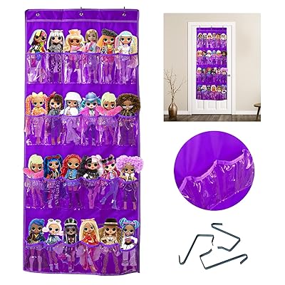 Hanging Over Door Toy Storage Organizer (24 Pockets), Compatible with Lol OMG Dolls Barbie Dolls Surprise Doll (Toys Not Included), Purple(57.5''x22