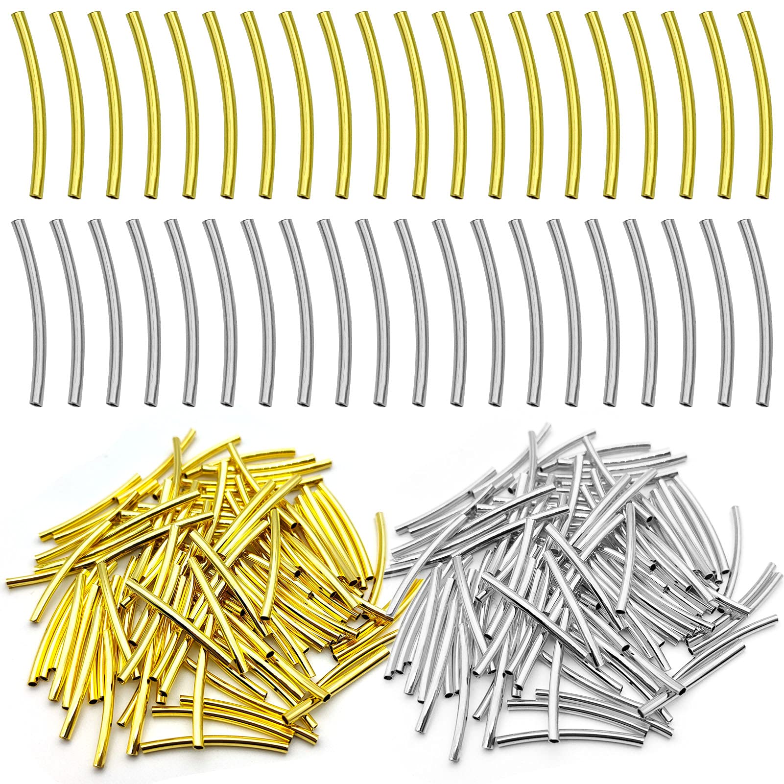 200Pcs Curved Noodle Tube Spacer Beads Tarnish Resistant Noodles Beads Brass Tube Beads Long Curved Tube DIY Jewelry Making(Gold,White K )