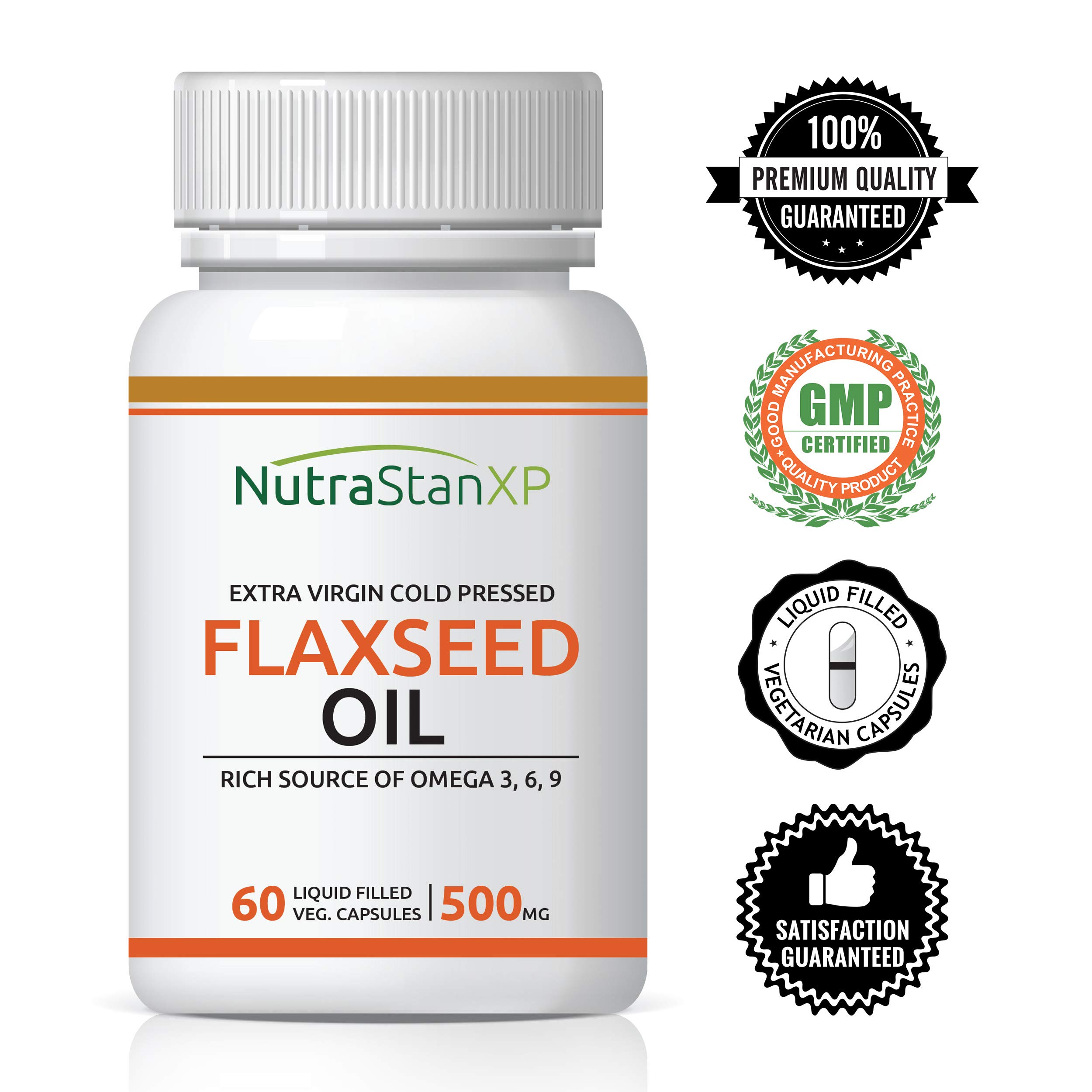 NutrastanXP Flaxseed Oil Veg Omega 3 6 9 Supplement, Extra Virgin Cold Pressed 500 mg - 60 Vegetarian Capsules