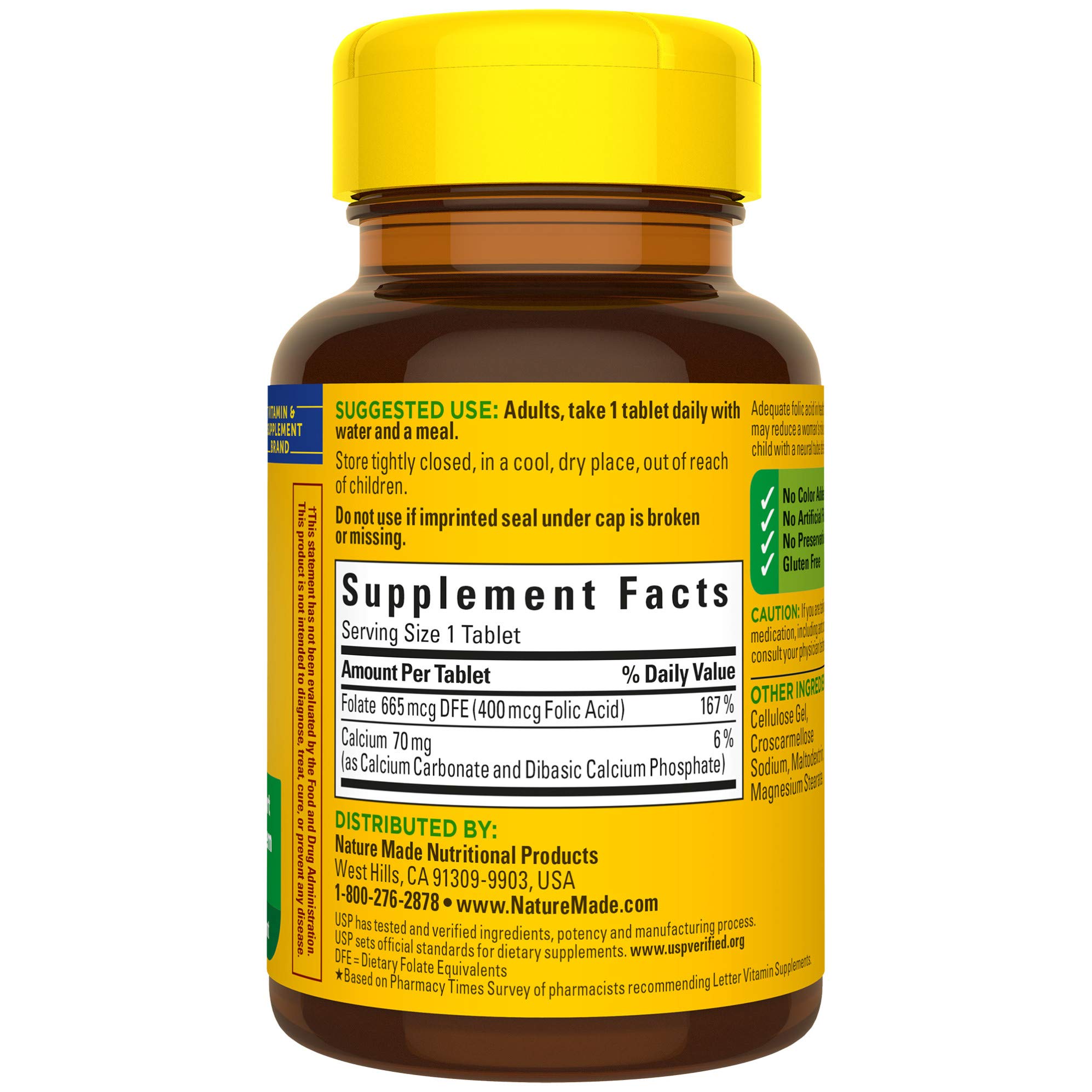 Nature Made Folic Acid 400 mcg (665 mcg DFE), Dietary Supplement for Nervous System Function, 250 Tablets, 250 Day Supply