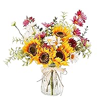 Artificial Faux Flowers in Vase for Home Decor, Silk Daisy Bouquet Fake Flowers with Pot Sunflower Arrangement for Dinning Room Kitchen Coffee Table Spring Decor Centerpiece Table Decorations