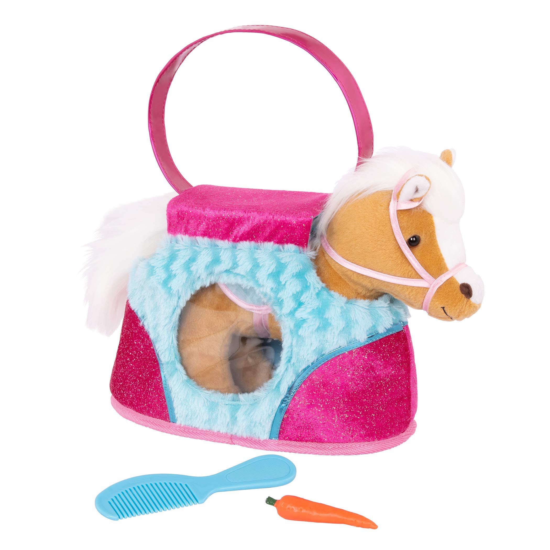 Pucci Pups by Battat – Beige Horse with Blue Stripes and Pink Pony Bag (ST8274Z) 10 inches