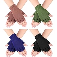 4 Pairs Fingerless Gloves Half Finger Mittens Winter Solid Color Knitted Typing Gloves for Boys and Girls (Black, Khaki, Dark Green, Dark Blue)