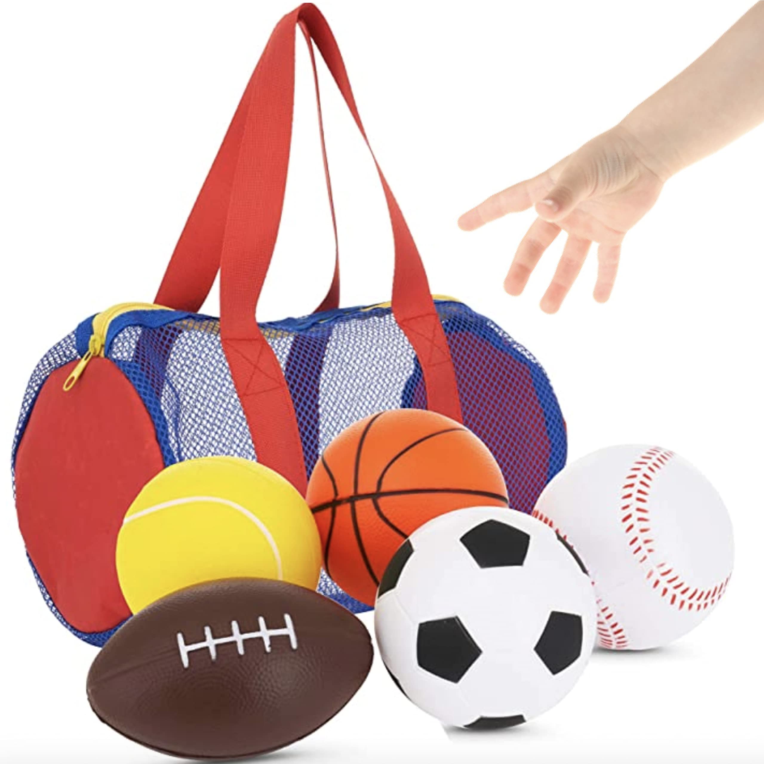 Foam Sports Soccer Balls Toys + FREE Bag - Set of 5 - Perfect for Small Hands to grab for Baby Kids, Toddler 1-3
