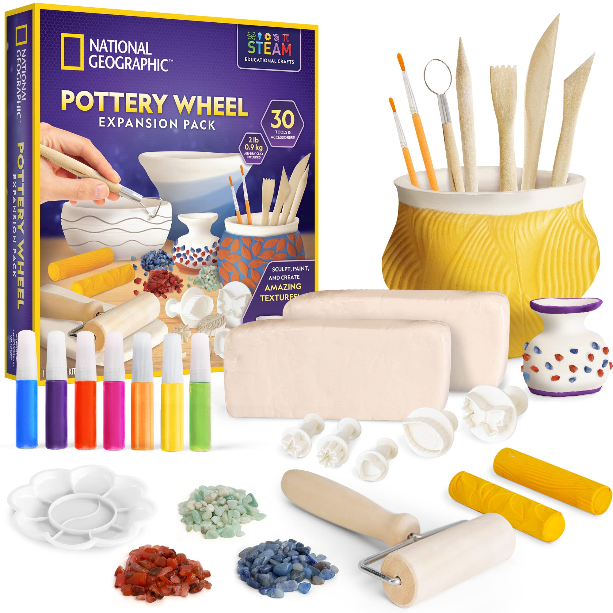 NATIONAL GEOGRAPHIC Pottery Wheel Refill Kit – 2 lbs. Air Dry Clay, 30 Pottery Tools & Accessories, Gemstone Chips, Sculpting Clay Tools, 7 Paints & More, Great Craft Kit for Kids (Amazon Exclusive)