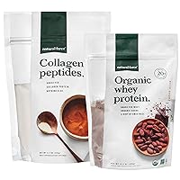 Natural Force Clean, Grass Fed Collagen Peptides + Chocolate Organic Whey Protein Bundle – Organic, Non GMO Whey Protein & Hydrolyzed Type I and III Collagen – 15.2 Ounce Bag and 11.7 Ounce Bag