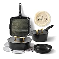 Ceramic Pots and Pans Set with Detachable Handle - 12 Pcs Nonstick Ceramic Cookware Set with Lids, Non Toxic, PTFE & PFOA Free, Dishwasher & Oven Safe, All Stovetop Compatible, RV Cookware Set -Black