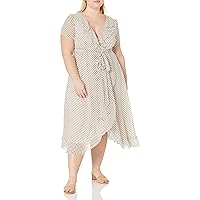 Gabby Skye Women's Plus Size Short Sleeve V-Neck Ruffle Faux Wrap Midi Polka Dot Chiffon Dress
