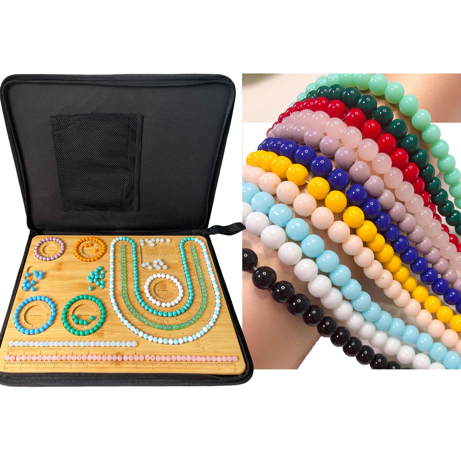 Svartur Bead Board with Beads, 1200 Pcs 8mm Glass Beads & Bead Board with case, Complete Jewelry Making Beading Set