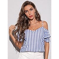 Women's Tops Sexy Tops for Women Shirts Cold Shoulder Flutter Sleeve Striped Top Shirts for Women (Color : Blue and White, Size : Large)