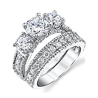 1.25 Carats Sterling Silver Past Present Future 2-Pc Bridal Set Cubic Zirconia Engagement Wedding Ring Band