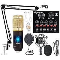 Podcast Equipment Bundle, BM-800 Mic Kit with Live Sound Card, Adjustable Mic Suspension Scissor Arm, Metal Shock Mount and Double-Layer Pop Filter for Studio Recording & Broadcasting (CF100-Gold)