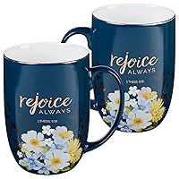 Christian Art Gifts Coffee Mug: Rejoice Always Floral - 1 Thessalonians 5:16 Inspirational Scripture, 15 oz, Navy Blue