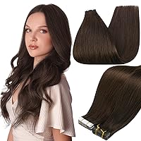 Full Shine Tape in Hair Extensions Remy Human Hair Invisible Skin Weft Color 2 Dark Brown Tape Hair Extensions Brazilian Hair 18 Inch 50 Gram Per Package 20 Pieces Seamless Human Hair Extensions