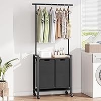 Laundry Sorter, Laundry Hamper 2 Section with Hanging Rack, Rolling Laundry Cart on Wheels, Pull-Out and Removable Laundry Basket with Shelf, Rustic Brown and Black