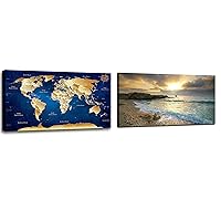 Wall Art Blue Map of The World Painting Large Framed Wall Art World Map Canvas Art Map Wall Decorations Artwork Prints for Background Office Decoration Beach Sunset Ocean Nature -20