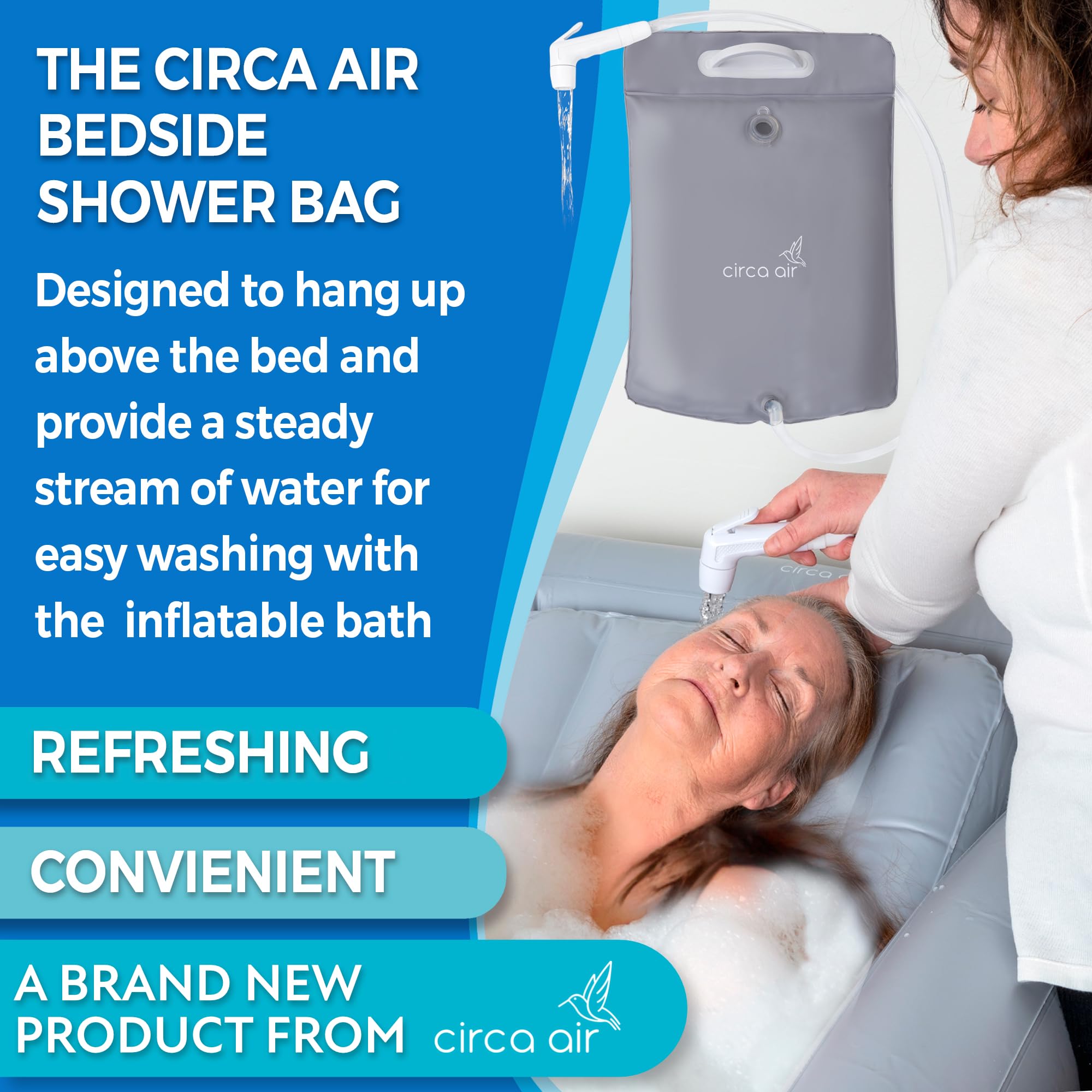 CIRCA AIR Bundle - Inflatable Bathtub and Hair Washing Basin with Shower Bag and Mini Pump - Portable Wash Station for Bedridden and Elderly
