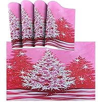 visesunny Vintage Pink Christmas Tree Placemat Table Mat Desktop Decoration Placemats Set of 4 Non Slip Stain Heat Resistant for Dining Home Kitchen Indoor 12x18 in