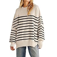 Women's Oversized Crewneck Sweaters Batwing Long Sleeve Side Slit Ribbed Knit Pullover Sweater Tops