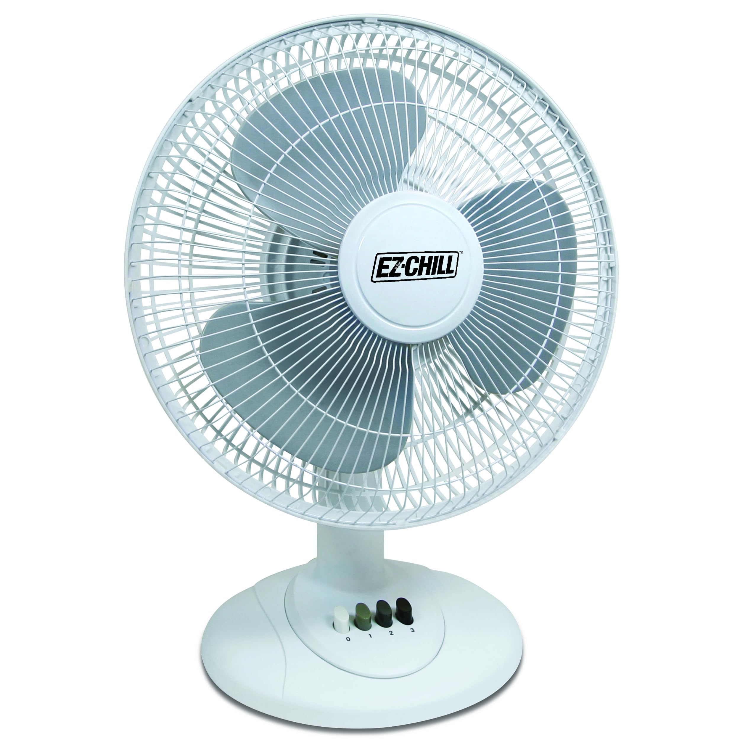EZ-CHILL 12” 3-Speed Oscillating Table Fan with Adjustable Tilt, Convenient Push Button Controls, Quiet Operation, White, SB-MTSH05