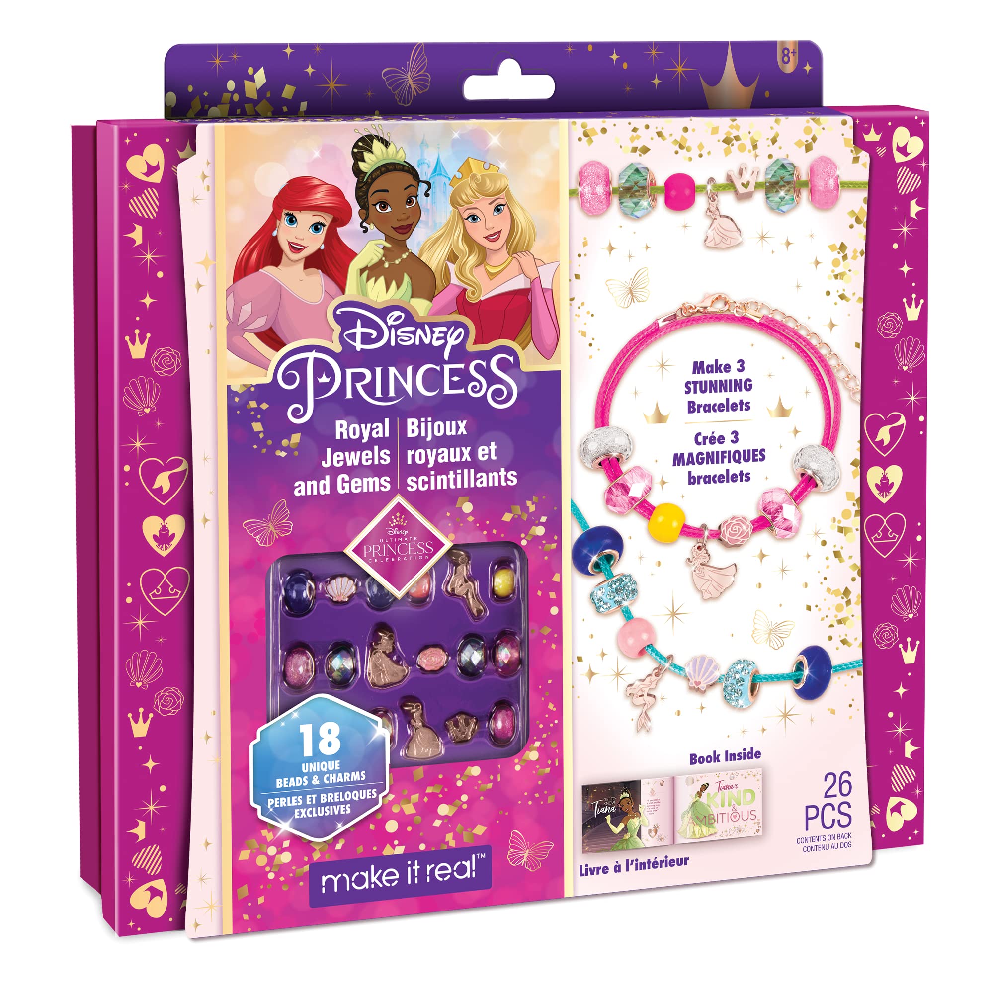 Make It Real - Ultimate Princess Royal Jewels and Gems - DIY Charm Bracelet Making Kit with Disney Princess Charms - Arts & Crafts Bead Kit for Girls & Teens - Makes 3 Bracelets - Ages 8+