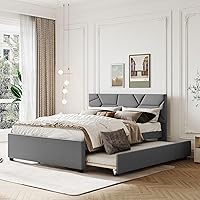 Queen Size Upholstered Platform Bed with Brick Pattern Headboard and Twin XL Size Trundle, Linen Fabric, Gray