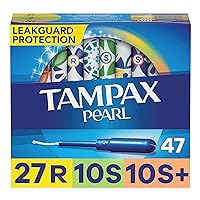 Tampax Pearl Tampons Multi Pack, with LeakGuard Braid, Regular/Super/Super Plus Absorbency, Unscented, 47 Count
