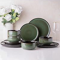 Ceramic Dinnerware Sets of 4,Poreclain Plates and Bowls Sets,Handmade Reactive Glaze Dishes Set,Chip Resistant and Scratch Resistant | Oven&Dishwasher & Microwave Safe,Service for 4-Green